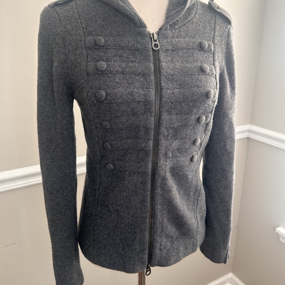 Vtg Juicy Couture Gray Lambswool Hooded Full Zip Sweater Sm Military Steampunk